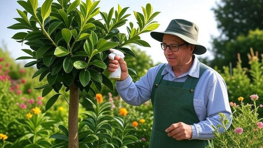 : "Gardener treating Eagleston Holly Tree for spider mites with neem oil." 