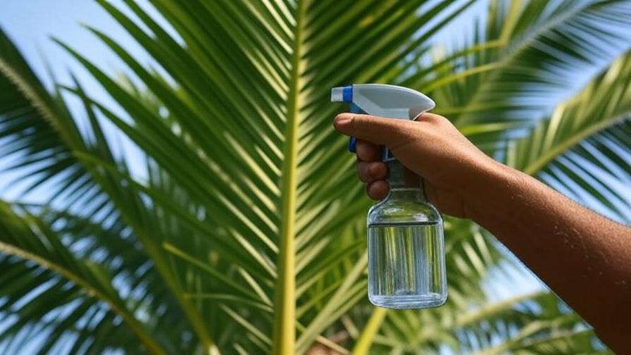 Close-up of Medjool palm frond with spider mite damage and gardener applying neem oil". 