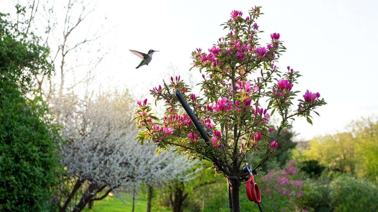  Pruning a hummingbird tree with shears to maintain an open canopy and pink blooms. 