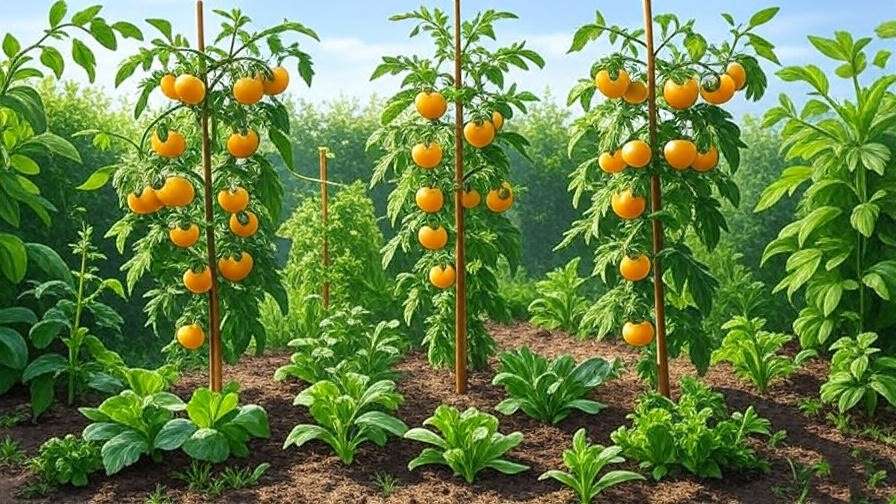 Illustration of yellow cherry tomato plants spaced 18-24 inches with stakes and trellises in a garden."
