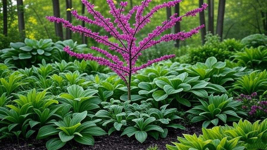 "Redbud tree with purple-pink flowers in a woodland garden border." 