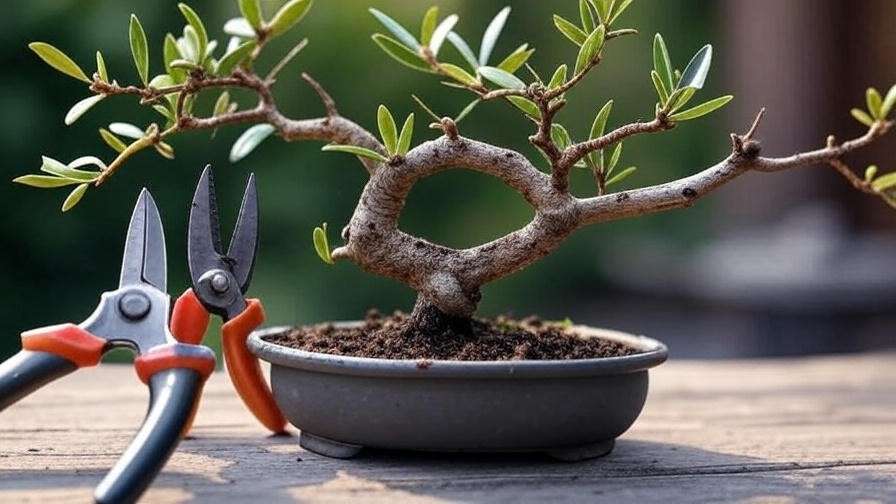 Bonsai pruning tools and techniques for olive tree shaping. 