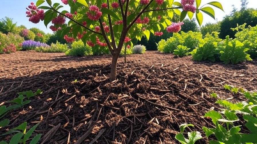  "Chilean cherry tree with organic mulch and healthy soil in a garden setting." 