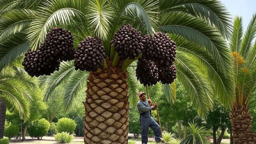 "Gardener harvesting ripe Medjool dates from a palm tree in a tropical garden". 