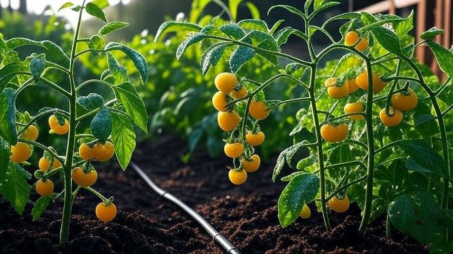  "Drip irrigation system watering yellow cherry tomato plants with water droplets on leaves." 