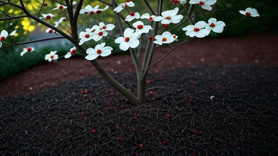  "Dogwood tree with white bracts and red berries in a shady garden corner." 