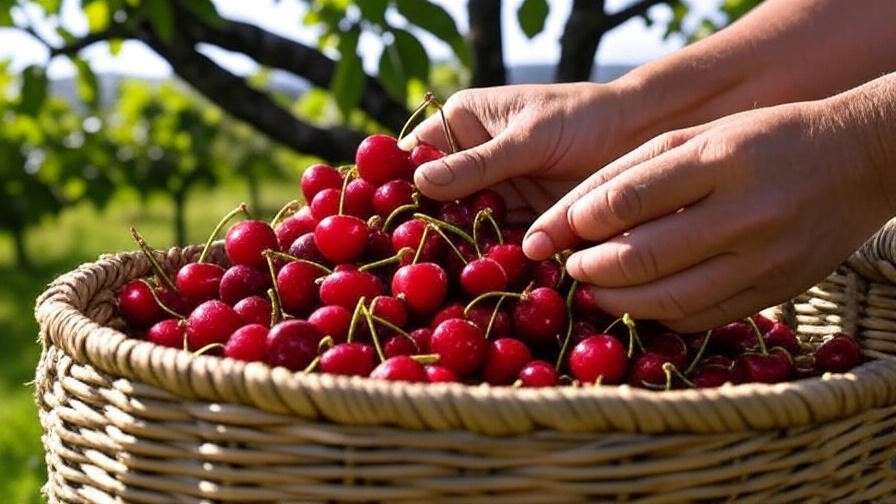 "Hands harvesting ripe Chilean cherries into a basket in a sunny orchard."