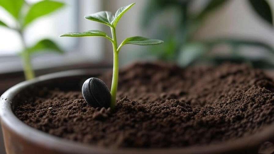 "Close-up of Sylvester palm seed planting with emerging seedling in a tropical setting." 