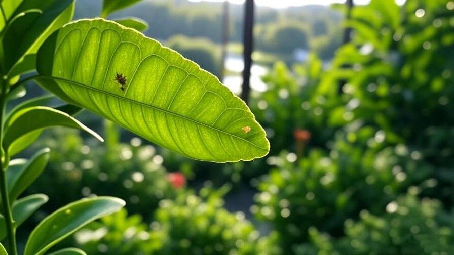 Close-up of kaffir lime tree leaf with minor pest damage in a garden setting. 
