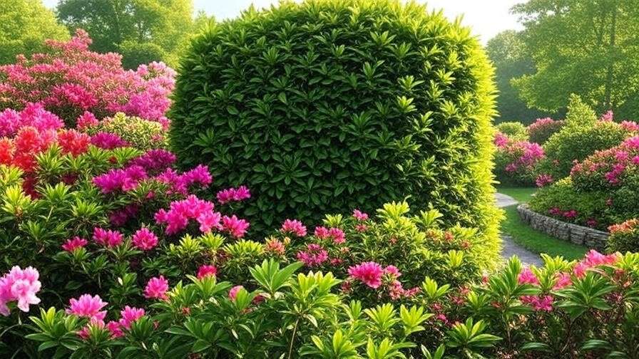  "Eagleston Holly Tree privacy hedge with azaleas in a landscaped garden." 