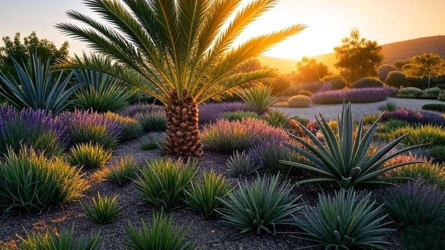 "Landscaped garden with Medjool palm tree and drought-tolerant plants under sunset light". 