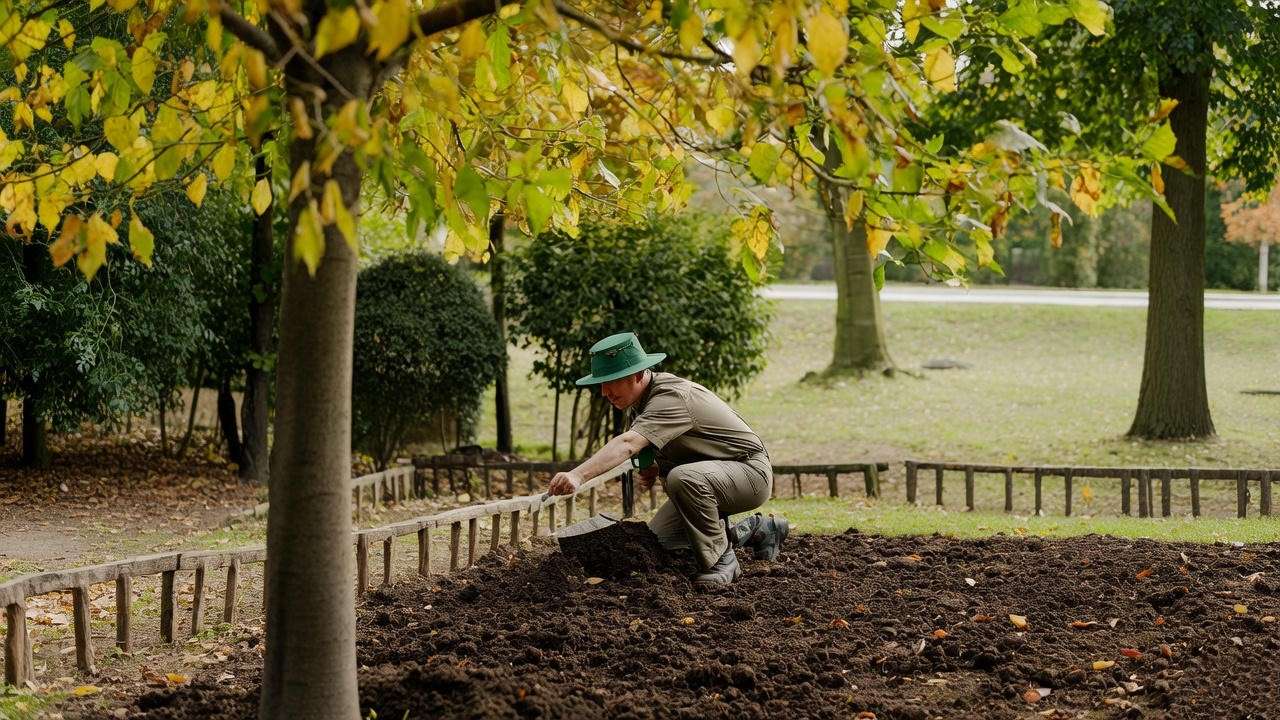 : Gardener testing soil near a hummingbird tree with yellowing leaves. 