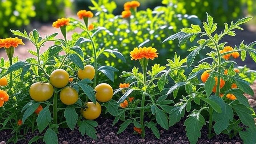 "Yellow cherry tomato plants growing with marigolds for natural pest control in a garden."