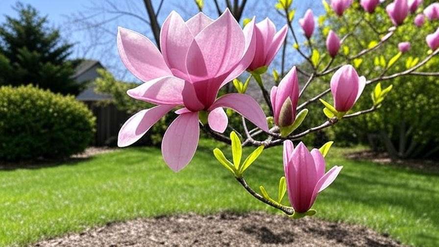  "Saucer magnolia with pink flowers as a centerpiece in a small lawn." 