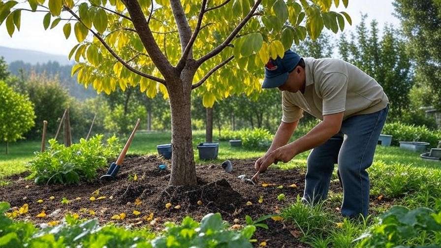  "Gardener inspecting Chilean cherry tree with yellowing leaves and gardening tools." 