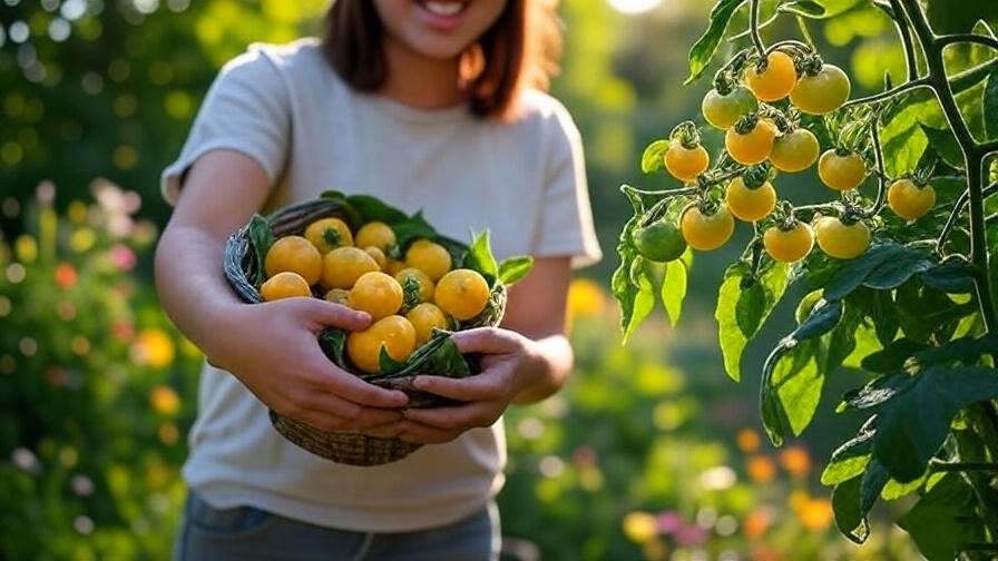 : "Person harvesting ripe yellow cherry tomatoes from a plant into a basket in a garden."