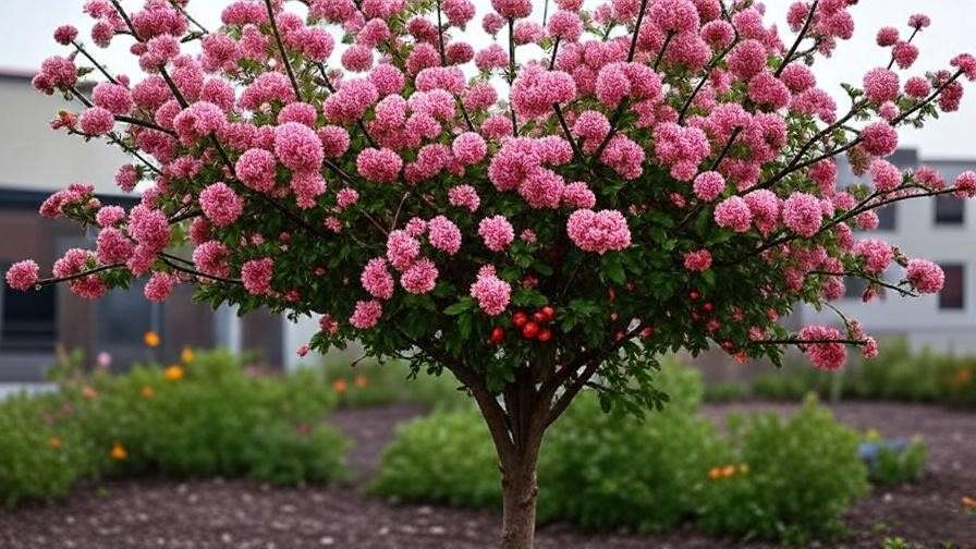 "Hawthorn tree with pink flowers and berries as a hedge in an urban lot." 
