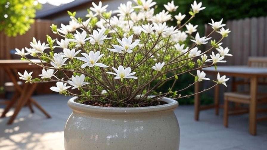 "Star magnolia with white flowers in a container on a patio." 
