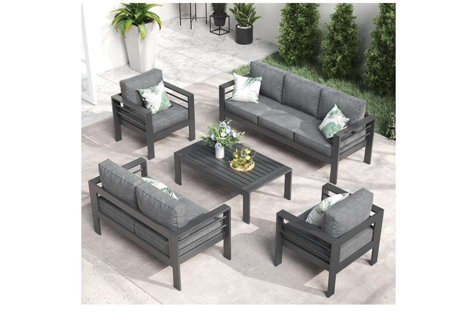 LayinSun Outdoor Aluminum Furniture Set, 5 Pieces Patio Sectional Conversation Chat Sofa Modern Seating Set with Coffee Table