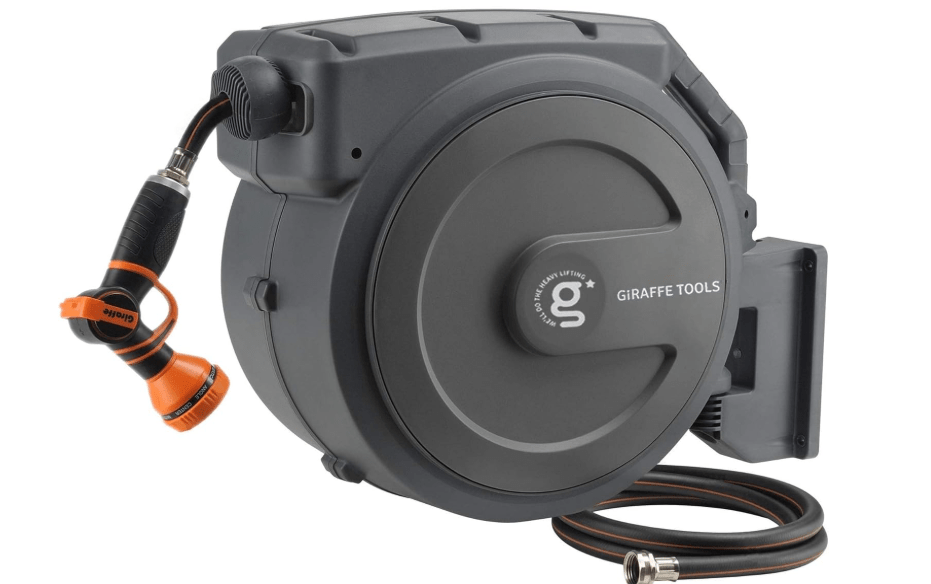 
Giraffe Tools Retractable Garden Hose Reel 1/2 Inch x 130 ft, Super Heavy Duty, Any Length Lock, Slow Return System, Wall Mounted and 180 Deg Swivel Bracket