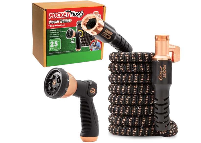 Pocket Hose Copper Bullet Expandable Garden Hose 25 FT w/10 Pattern Thumb Spray Nozzle AS-SEEN-ON-TV 650psi 3/4 in Patented Lead-Free Ultra-Lightweight