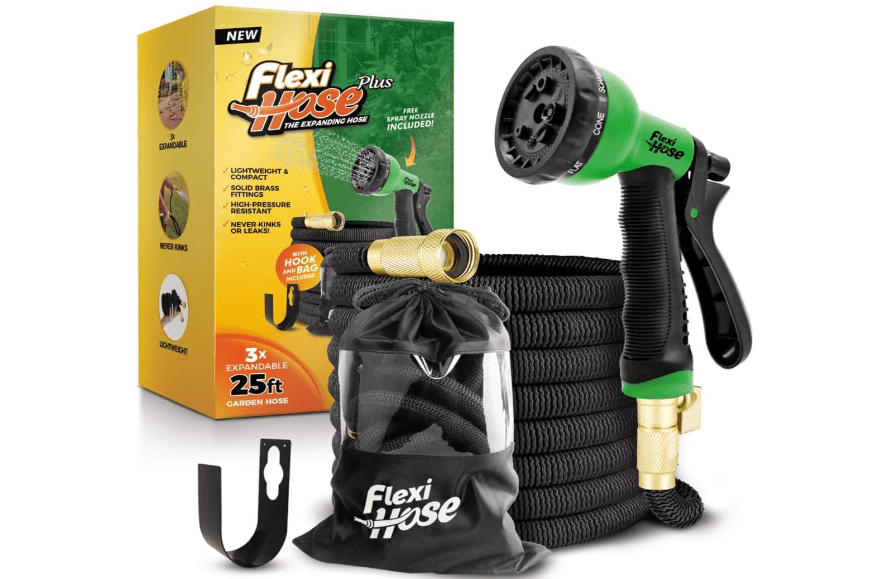 Flexi Hose PLUS with 8 Function Nozzle Expandable Garden Hose, Lightweight & No-Kink Flexible Garden Hose, 3/4 inch Solid Brass Fittings and Double