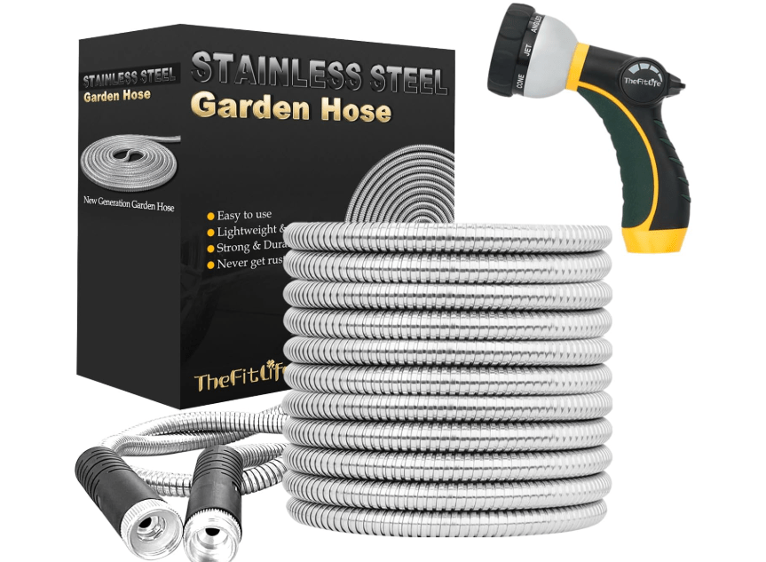 TheFitLife Flexible Metal Garden Hose - Upgrade Leak and Fray Resistant Design, Stainless Steel Water Hose with Solid Fittings and Sprayer Nozzle,