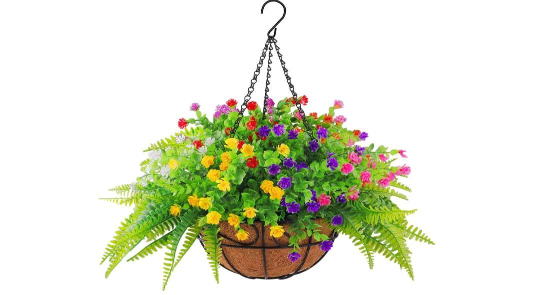  Elecxlink Artificial Fake Hanging Plants Flowers Basket for Outdoor Spring Summer Decorarion, UV Resistant Faux Rose Eucalyptus Boston Ferns Plants 
