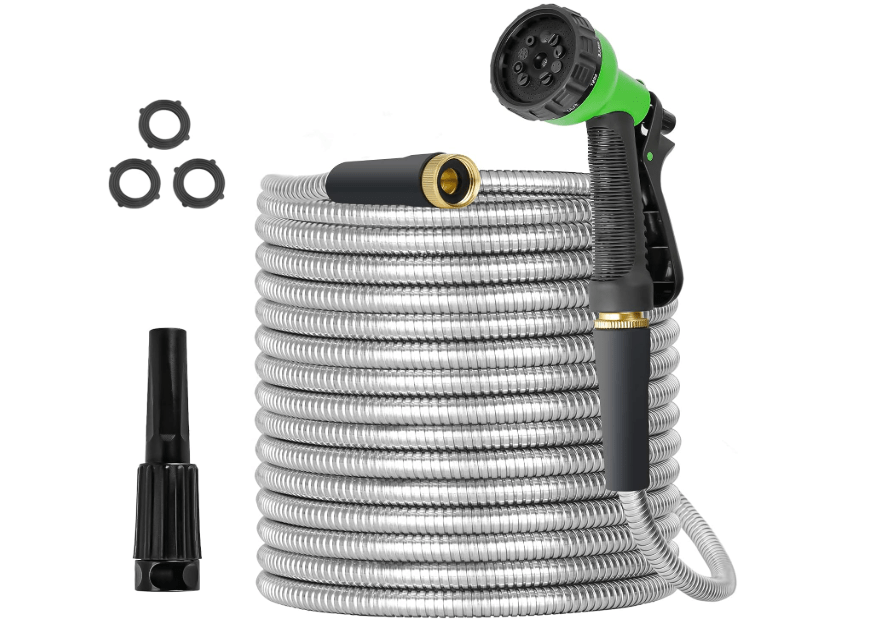 TVKB Garden Hose 100ft Stainless Steel Water Hose Super Tough Flexible Water Pipe with Brass Fittings and Sprayer Nozzle, No Kink, Rust Proof