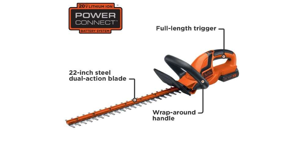  BLACK+DECKER 20V MAX Cordless Hedge Trimmer, 22 Inch Steel Blade, Reduced Vibration, Battery and Charger Included (LHT2220)