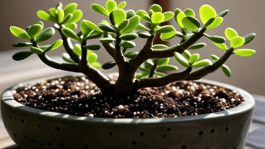  "Close-up of a jade tree bonsai in a well-draining soil mix with perlite in a shallow pot."