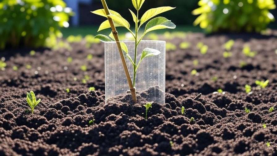 "Young tree sapling in a tree tube with bamboo stake in sunny garden" 