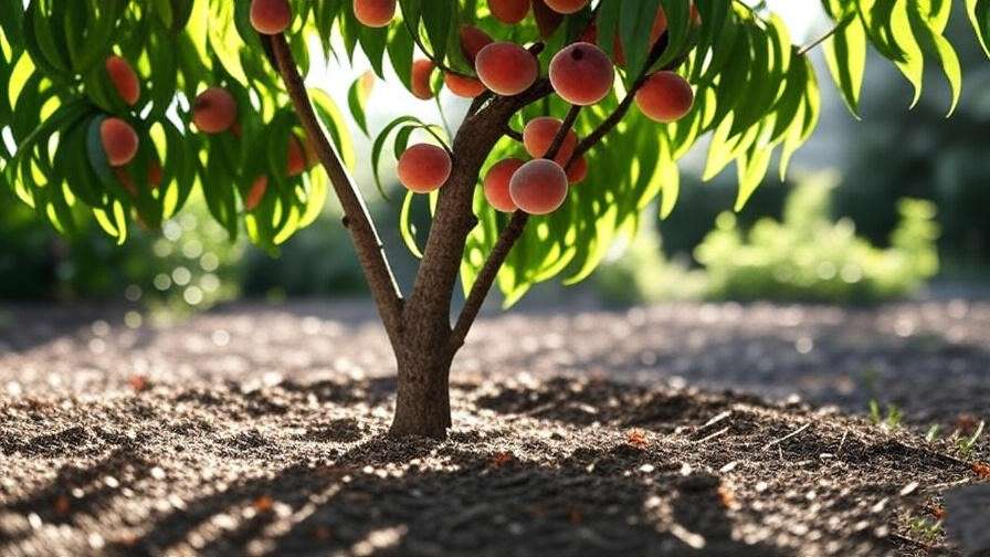 "Ripe peaches on a fast growing peach tree in a sunny backyard with mulch." 