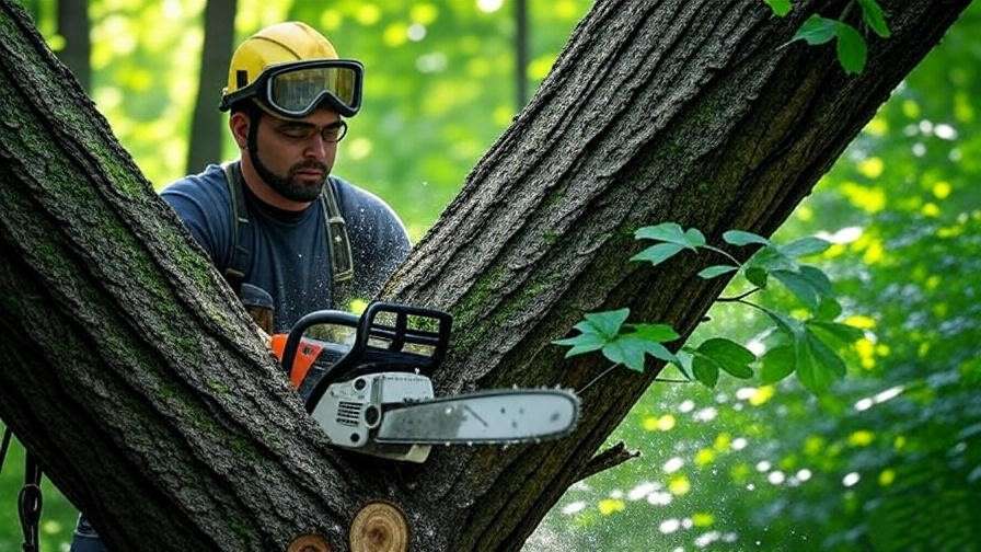 Professional arborist using a gas-powered chainsaw to fell a large tree with safety gear in a lush forest.