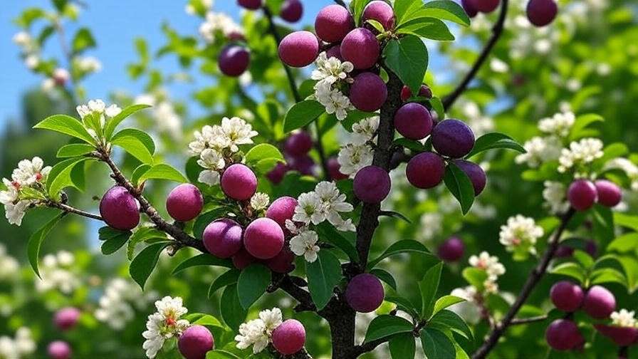"Close-up of a Methley plum tree with purple-red plums and white blossoms in a sunny garden." 