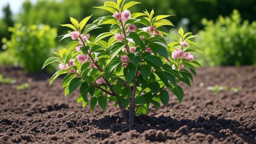  "Vibrant Nanking cherry plant blooming in sunny garden with loamy soil". 