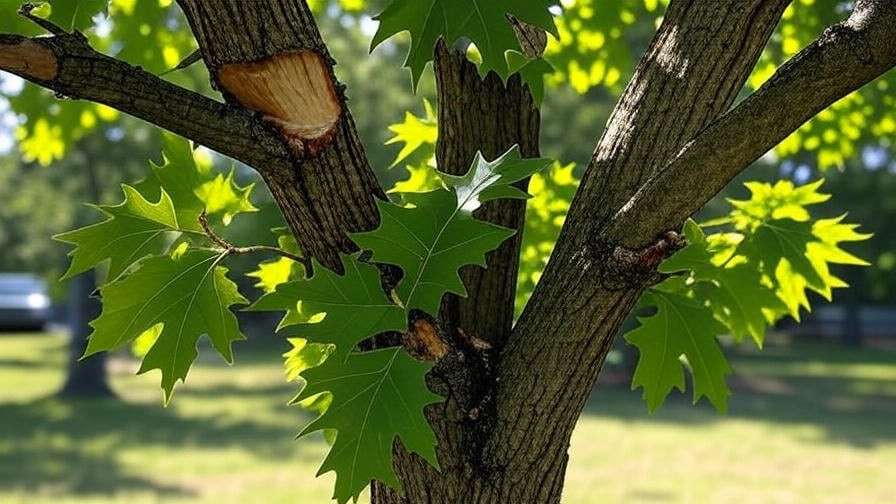 "Step-by-step oak tree pruning with 45-degree cuts outside branch collar in sunny backyard."