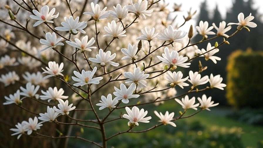 "Close-up of Star Magnolia tree with star-shaped white blooms in a spring garden." 