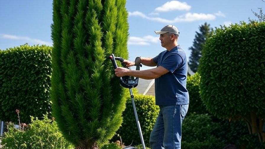  "Homeowner trimming high tree branches with a battery-powered pole saw in a suburban garden." 