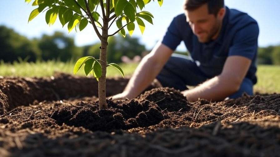  "Gardener planting a Methley plum tree with compost and mulch in well-draining soil.