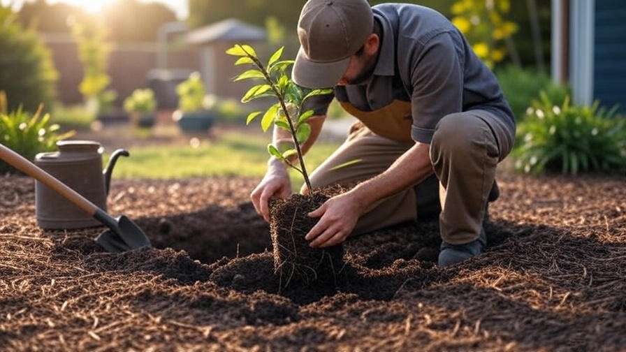  "Gardener planting Nanking cherry with compost and mulch in the garden". 