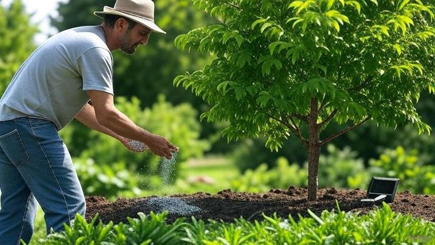 "Gardener applying fertilizer to a Blue Atlas Cedar with a soil testing kit". 