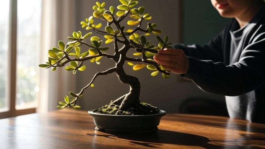 "Jade tree bonsai with yellowing leaves being moved near a bright window." 