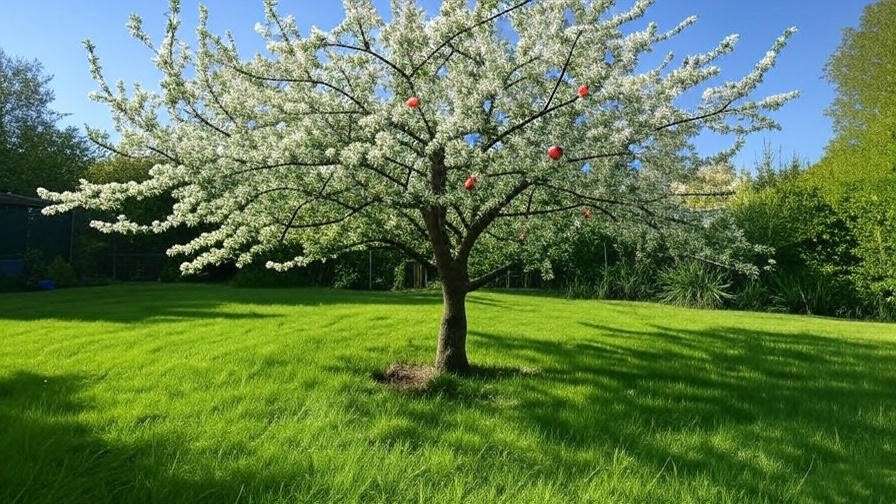  "Crabapple tree with white blossoms and colorful fruits in a vibrant garden." 