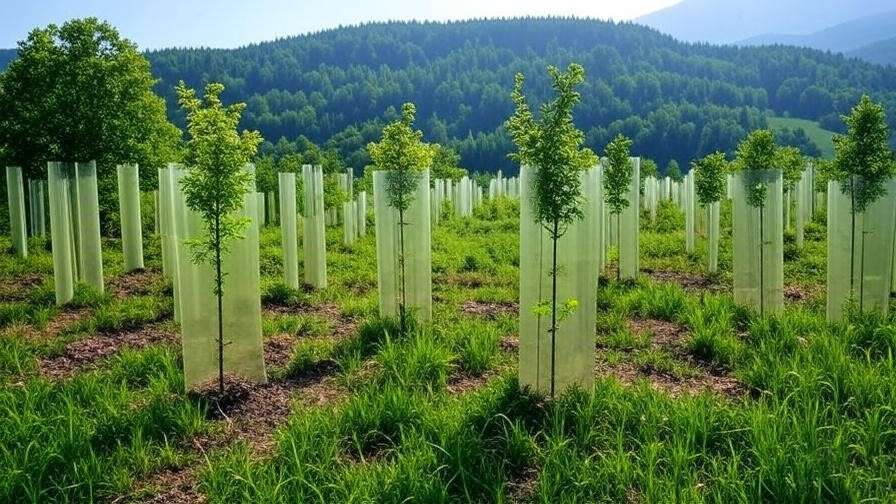 "Reforestation site with young trees in tree tubes and forested hills" 