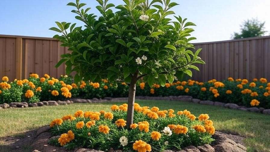  "Compact dwarf apple tree with marigolds in a small backyard." 