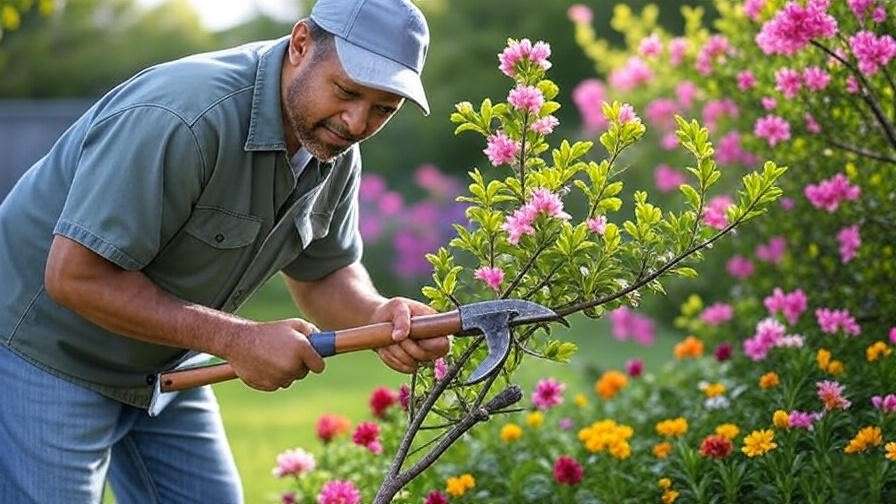  "Gardener pruning a flowering shrub with a manual tree lopper in a vibrant backyard."