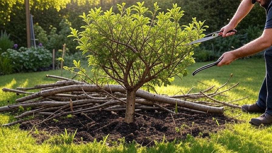 : "Methley plum tree pruning with shears showing open-center structure." 