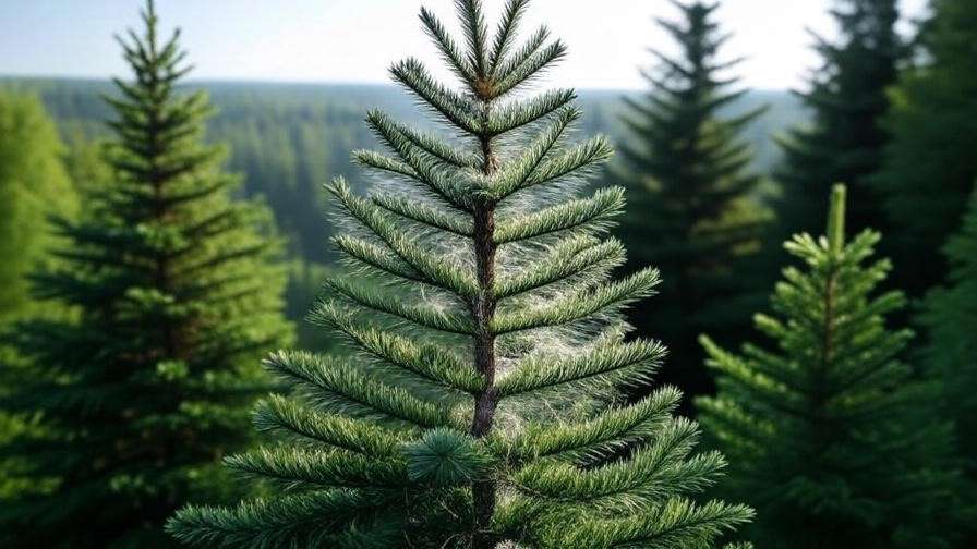  "Blue Spruce infested with spider mites showing webbing and browning needles"