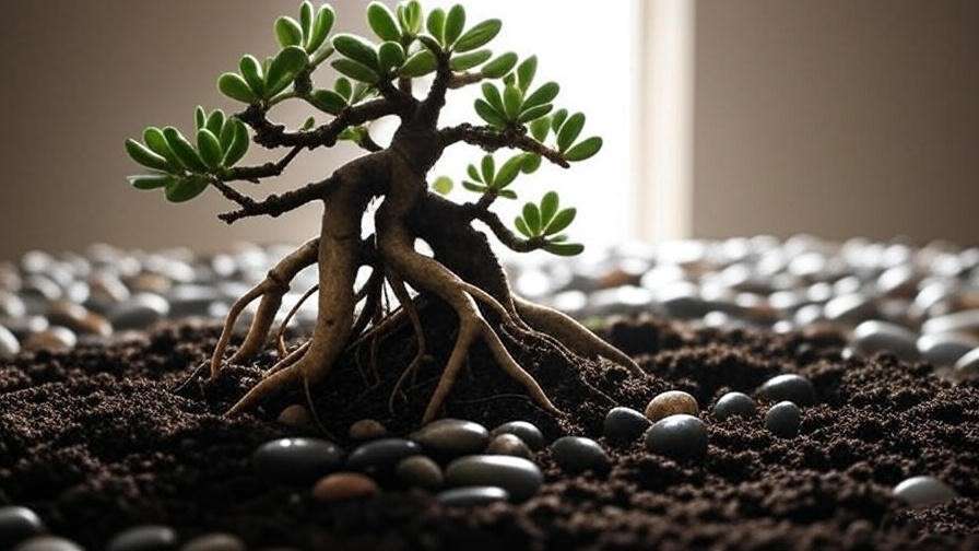 Jade tree bonsai cutting propagating in moist soil with pebbles." 